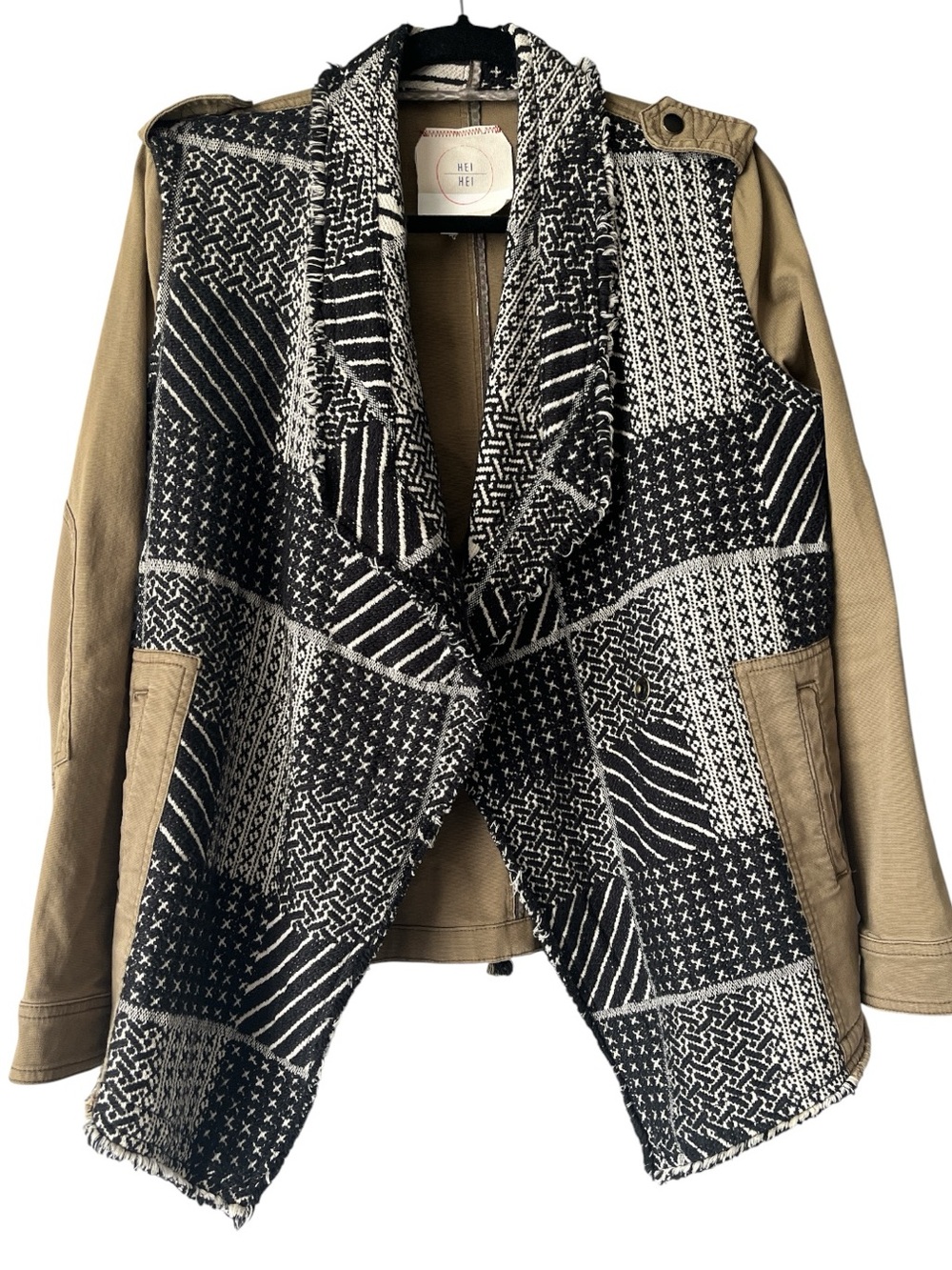 Hei Hei Anthropologie Black Plaid Army Green Mixed-Media Jacket Cotton XS fits S
